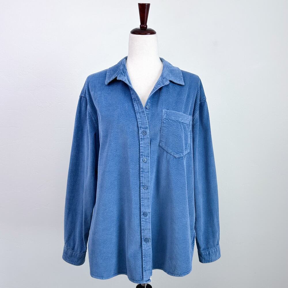 American Eagle Oversized Blue Corduroy Pocket Button-Up Long Sleeve Shirt SMALL